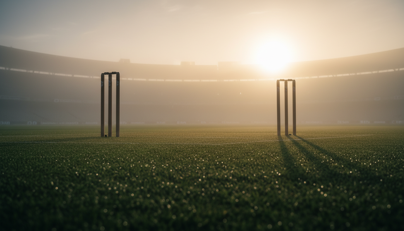 Cricket pitch in early morning mist