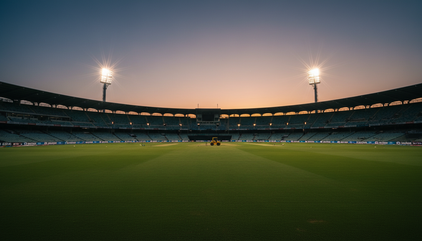 Empty cricket stadium at dusk