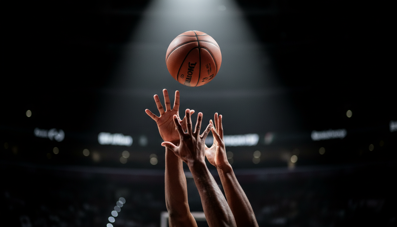 Players contesting a basketball
