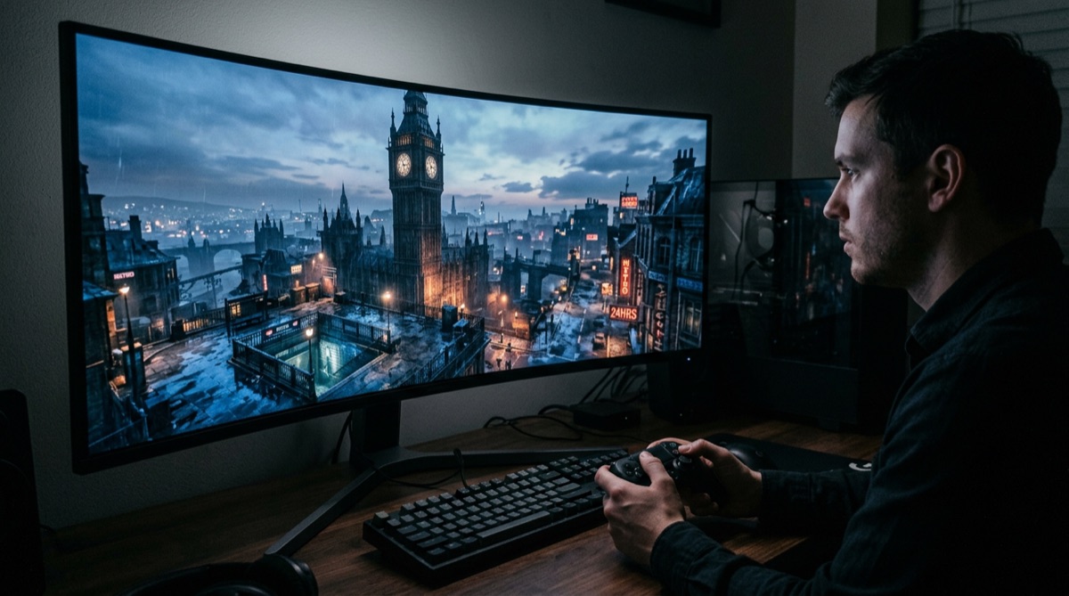 A panoramic view of the game's open-world city hub, showcasing the intricate level design and the sheer scale of the environment.