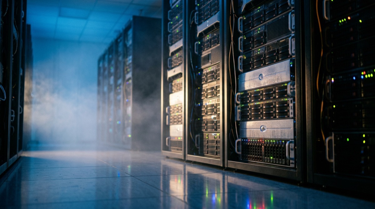A dimly lit server room with blinking LEDs, fog drifting through racks, cool blue ambient light with warm rim accents, alt="Server room: ChatGPT uninstalls and data security"