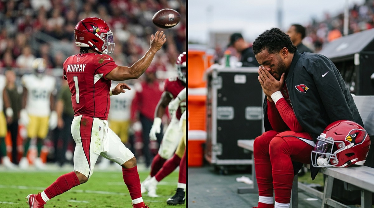 A split image. On one side, a highlight reel photo of Kyler Murray making a spectacular play. On the other, a photo of Murray looking dejected on the sideline. The contrast highlights the inconsistency of his career.