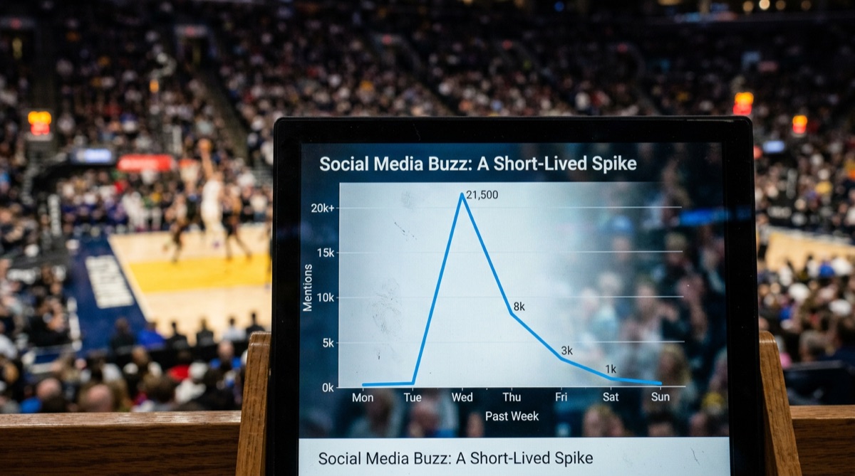 A graph showing social media mentions of Kyler Murray over the past week. The graph shows a significant spike on the day of the release, followed by a rapid decline back to near-zero levels. The caption reads: "Social Media Buzz: A Short-Lived Spike"