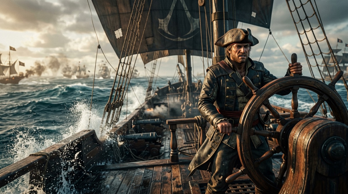 black_flag_resynced_naval_combat.jpg - Edward Kenway commanding the Jackdaw in a fierce naval battle, showcasing enhanced water effects and ship detail.