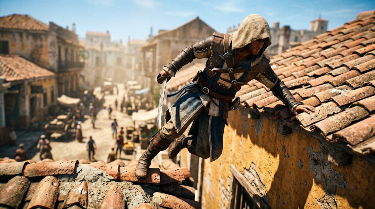 black_flag_resynced_city_exploration.jpg - Edward Kenway parkouring through a bustling Caribbean city, highlighting improved textures and character models.