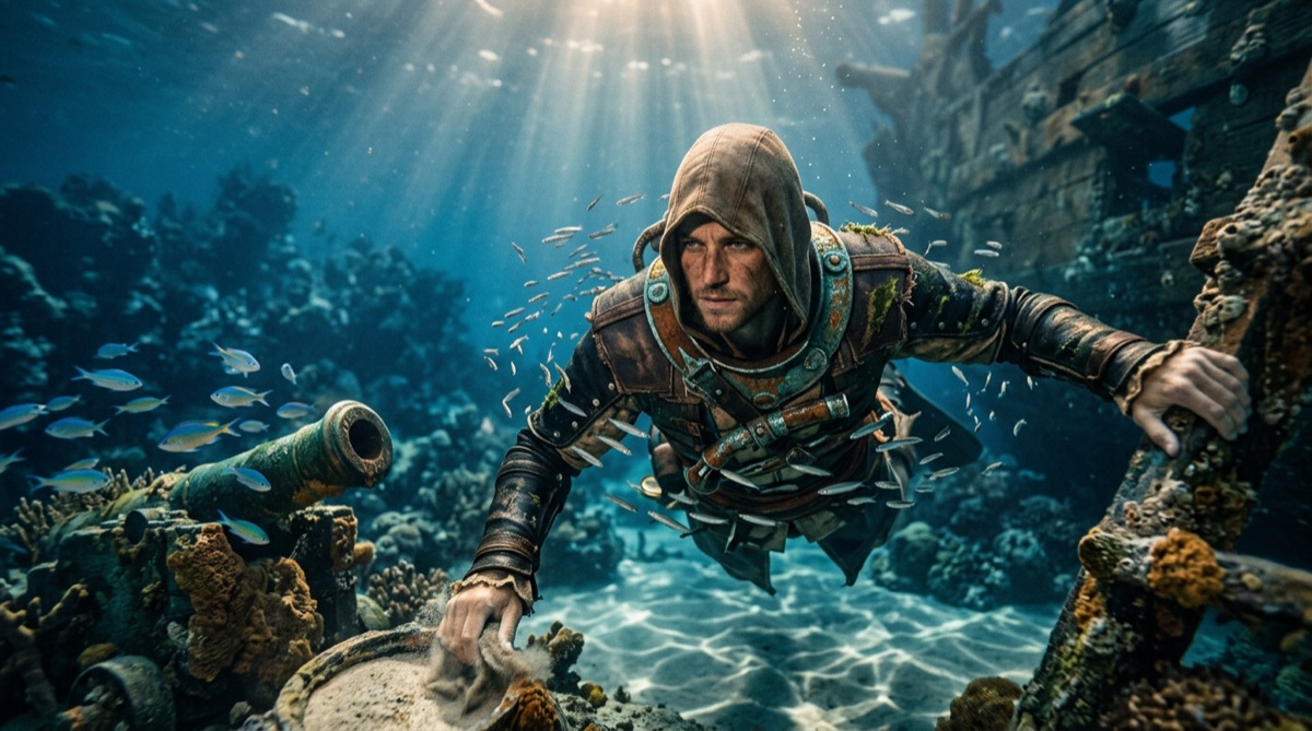 black_flag_resynced_underwater_exploration.jpg - Edward Kenway explores the depths. Improved underwater visuals.