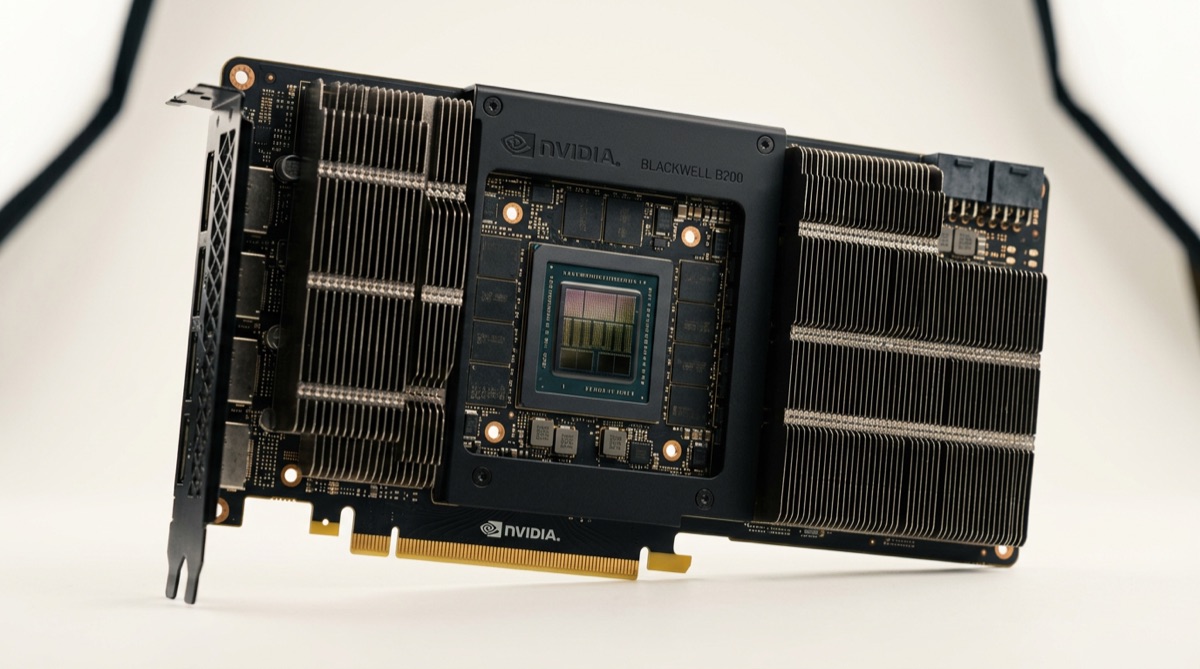 Render of the Nvidia Blackwell B200 GPU, showcasing its massive size and intricate design, studio lighting