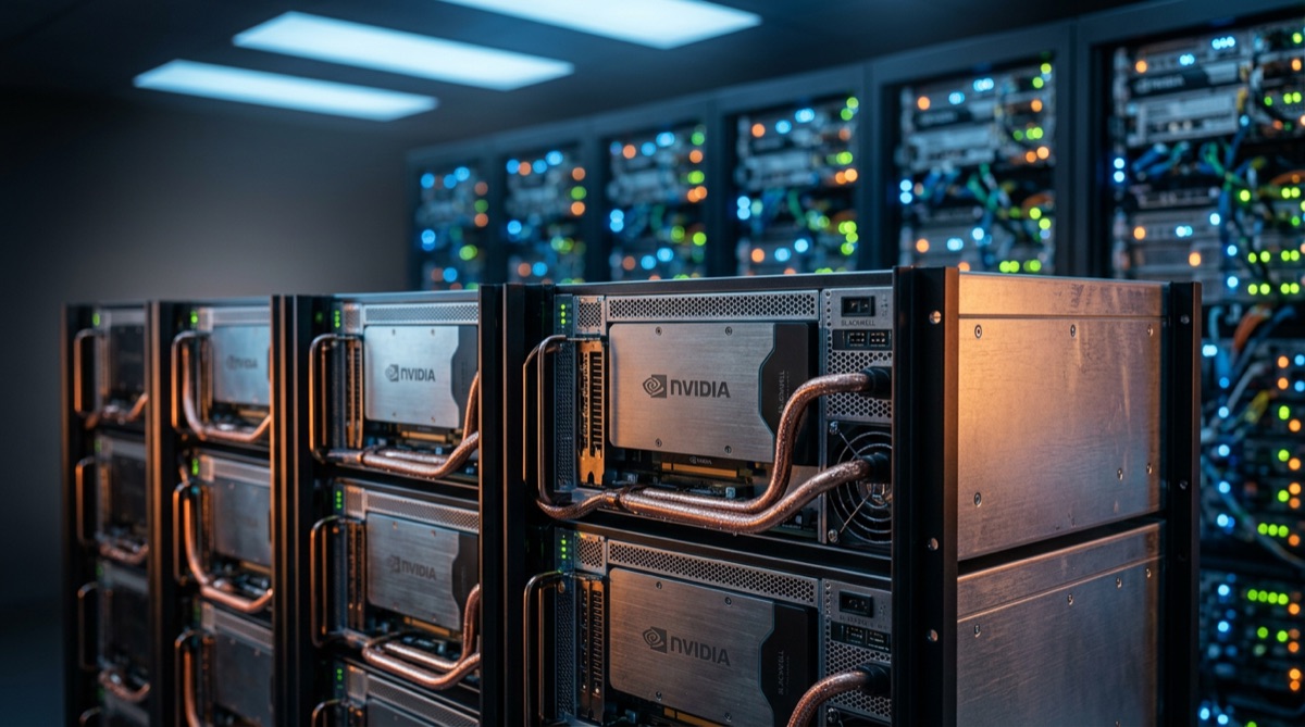 Render of a futuristic data center, showcasing rows of liquid-cooled servers powered by Nvidia Blackwell GPUs, dramatic lighting