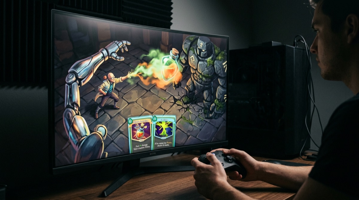 A high-action gameplay screenshot from Slay the Spire 2, showcasing the Alchemist character using a powerful potion-based attack against a Guardian-like enemy. Card details visible include "Volatile Concoction" and "Catalyze".