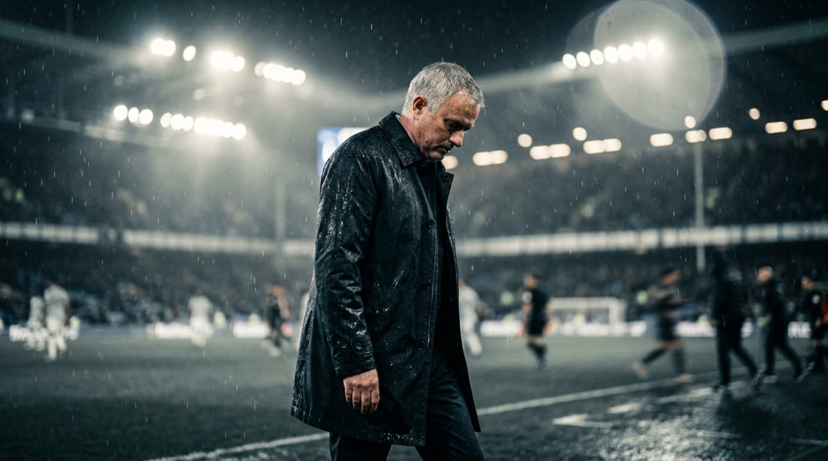A football manager stands on the touchline in pouring rain, looking dejected. The stadium lights glare in the background, casting long shadows. The scene is desaturated, emphasizing the bleak atmosphere. Caption: The weight of Tottenham's struggles is etched on the manager's face.