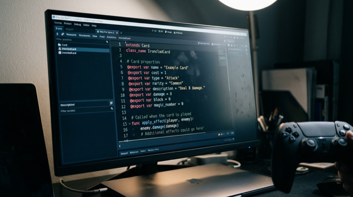 A screenshot of the Slay the Spire 2 modding interface (if available, otherwise a mockup), showcasing the potential for creating custom cards and characters using GDScript.