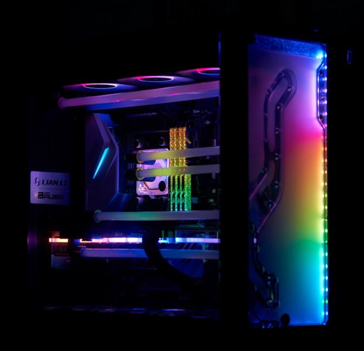 Single Device Render: A gaming PC with a Highguard-themed skin, displaying the game's main menu with a prominent "Servers Offline" message. RGB lighting inside the case reflects the game's color palette.